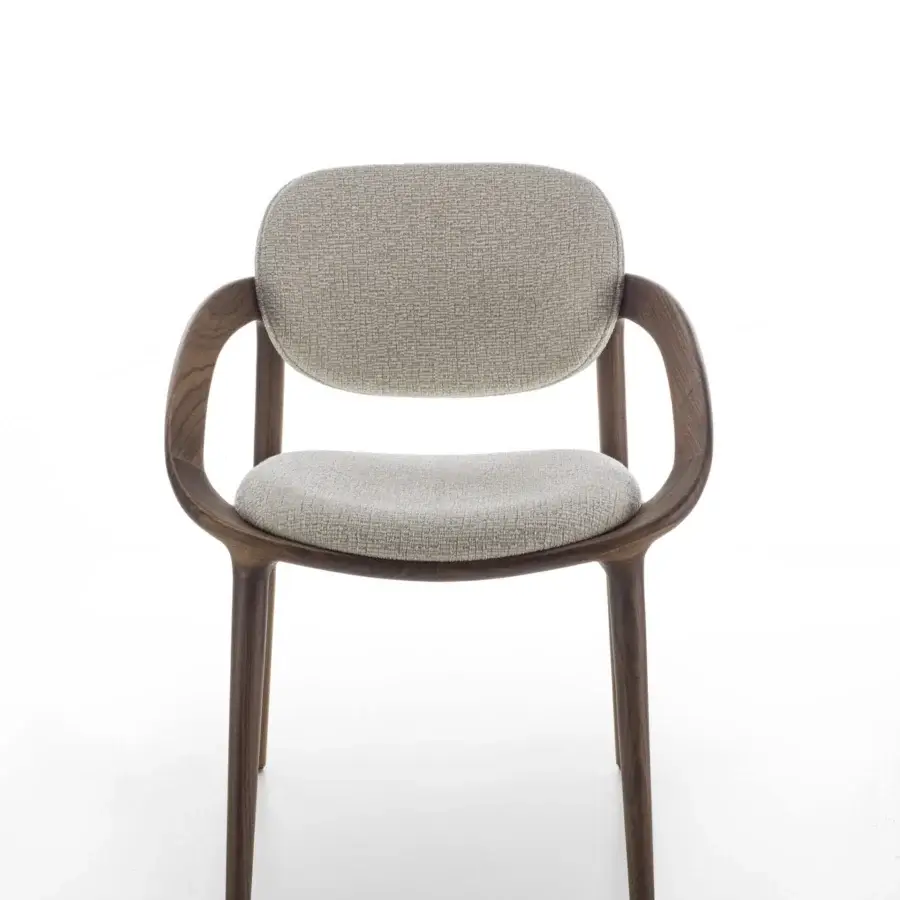 Sophisticated Porada Molly armchair with a canaletto walnut frame and light-gray textured upholstery in a satin finish