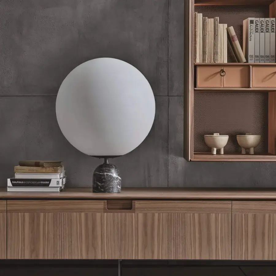 Distinguished Porada Ekero lamp with white opaline glass diffuser and pewter grey metal structure offering balanced form