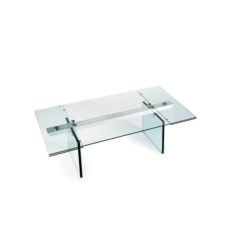 Distinguished Naos Santiago table with a tempered glass tabletop and luminous laminated-glass legs in satin silver metal