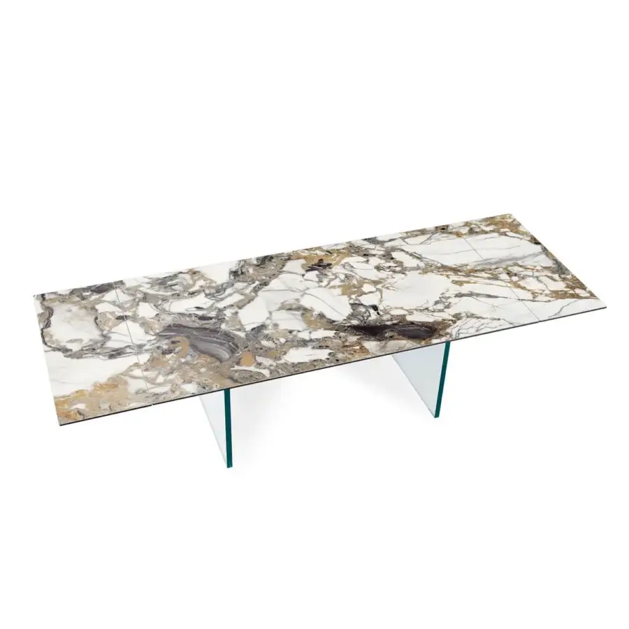 Exceptional Naos Santiago table with white, grey, and gold veined ceramic and angled laminated-glass legs with a polished finish