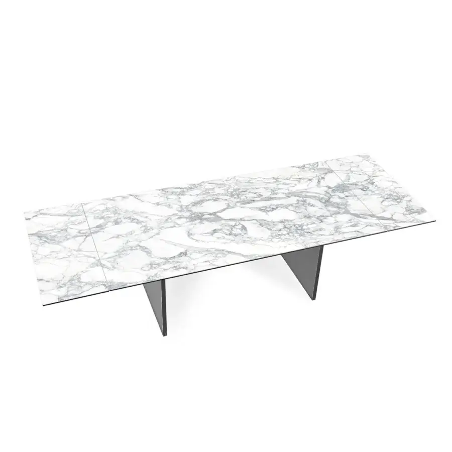 Superior Naos Santiago table with white and grey marble-inspired ceramic and dark grey laminated-glass legs