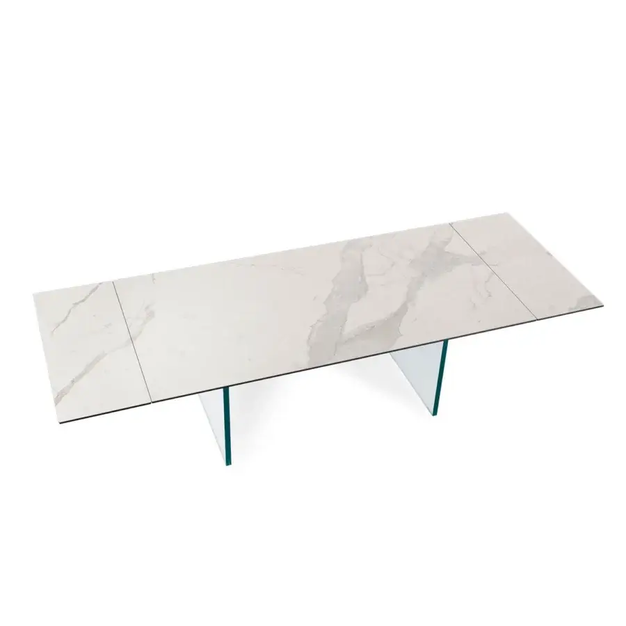 Elegant Naos Santiago table with striking white and grey veined ceramic and luminous laminated-glass legs crafted in Italian design