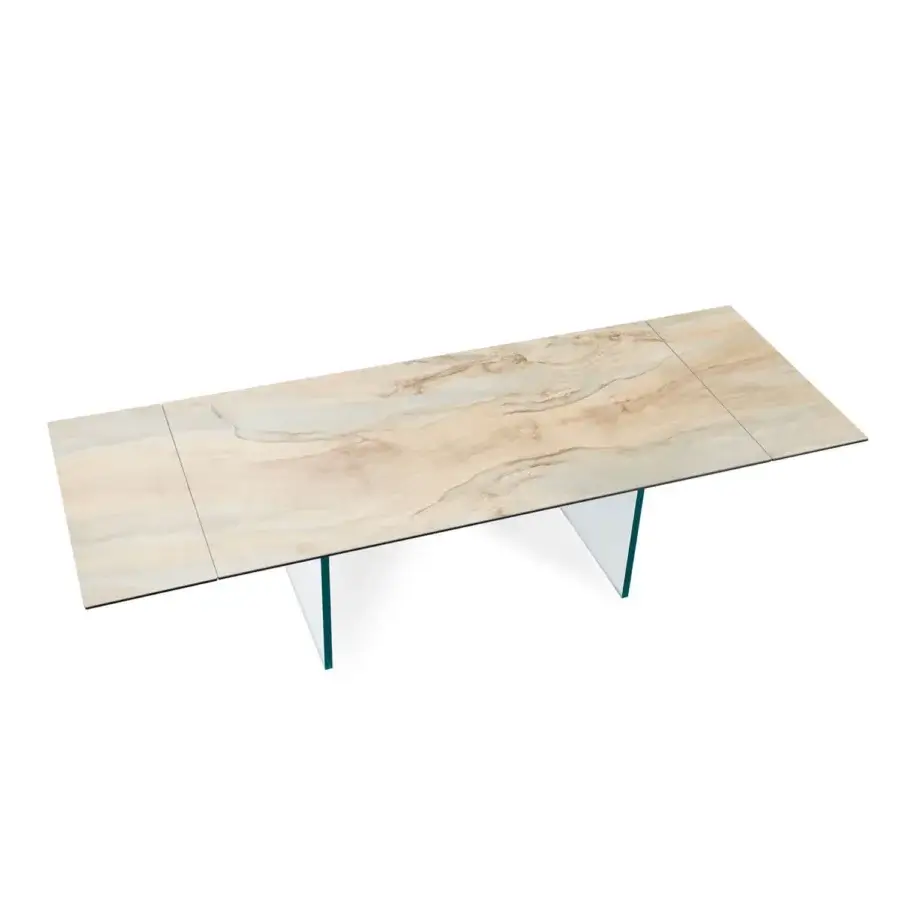 Exceptional Naos Santiago table with muted beige and tan veined ceramic tabletop and luminous laminated-glass legs