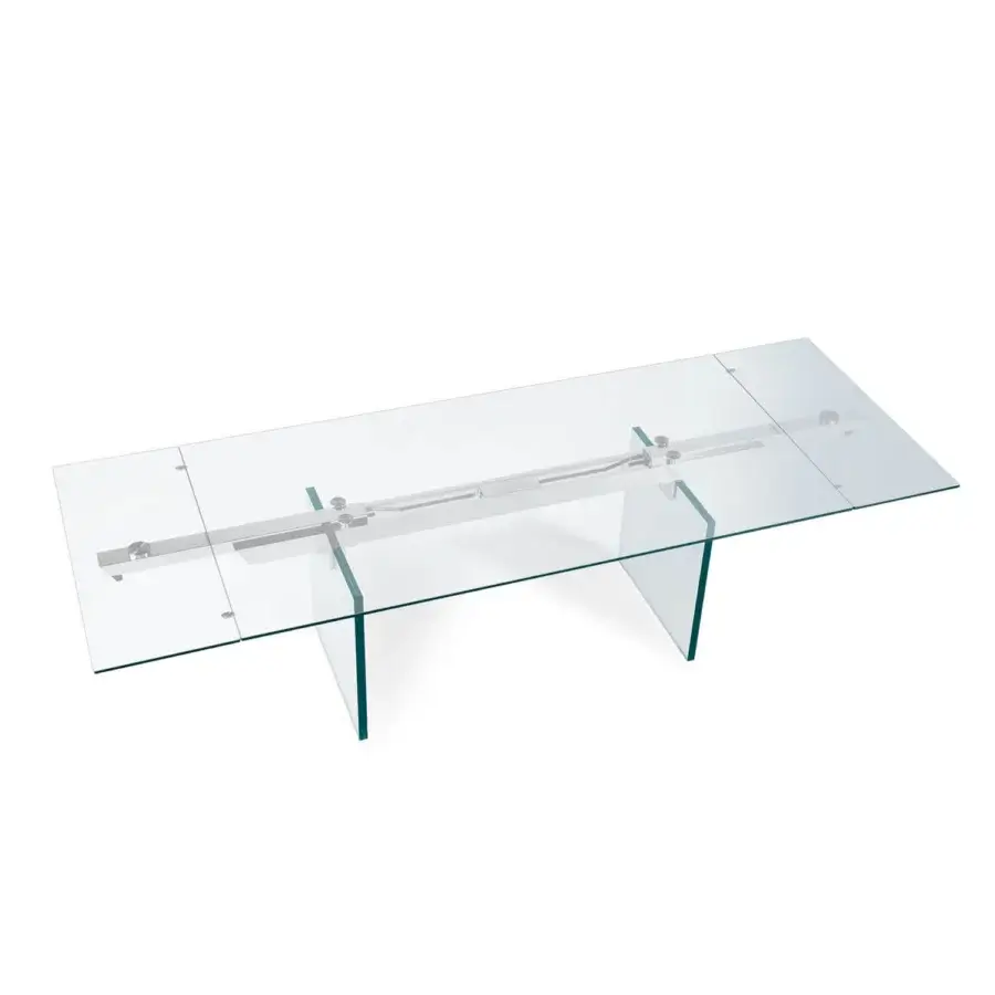 Superior Naos Santiago table with sleek tempered glass tabletop and luminous laminated-glass legs in a transparent finish