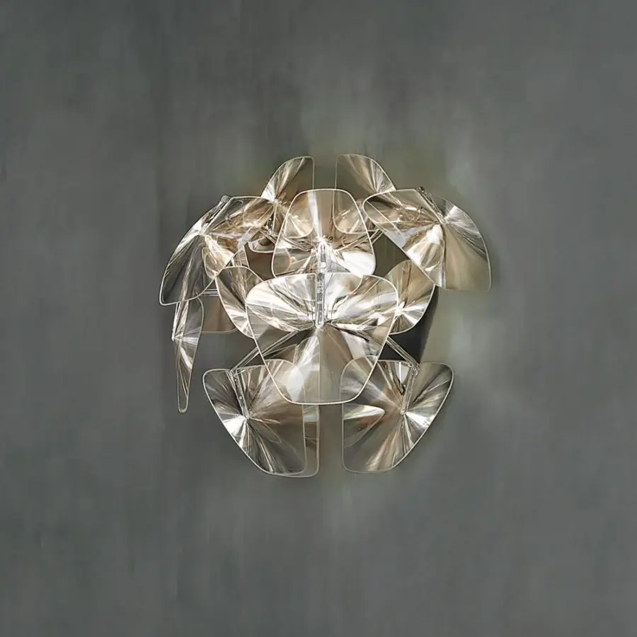 Elegant Luceplan Hope Wall Lamp with transparent polycarbonate lenses and polished stainless-steel frame in silver-grey metallic finish