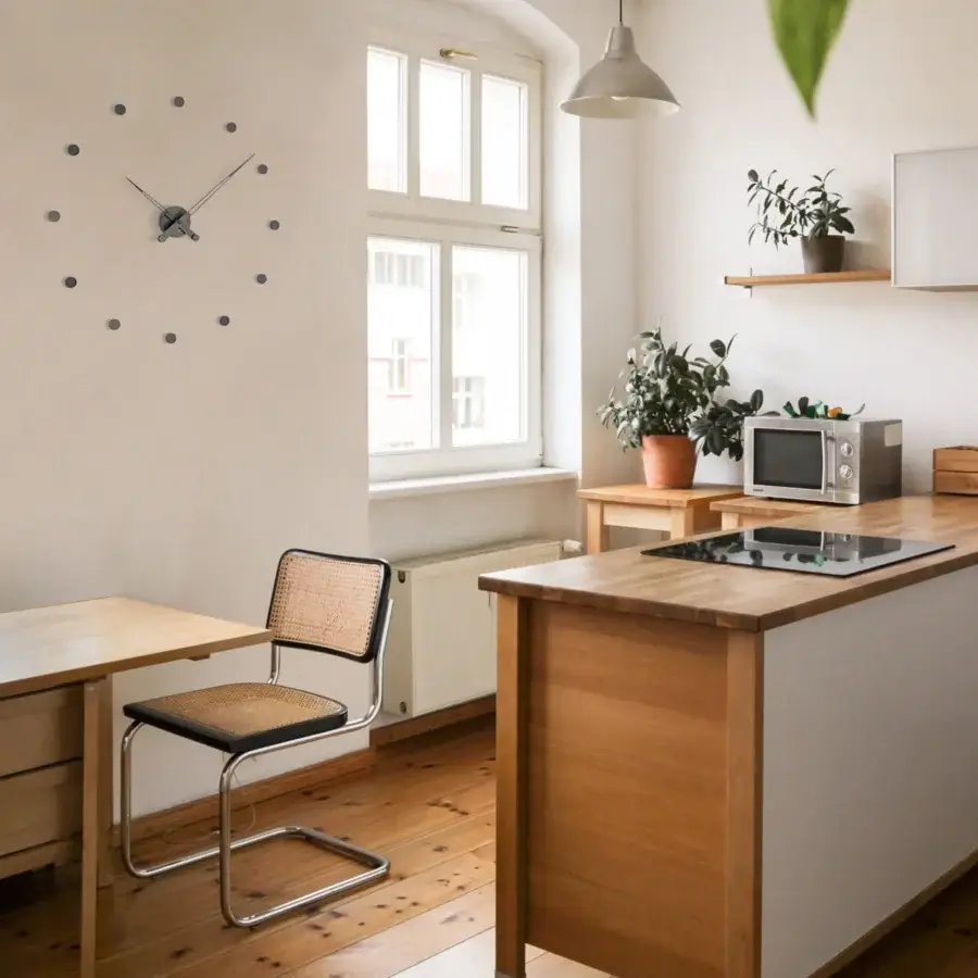 Refined Nomon Rodón wall clock with twelve round metal hour markers and slender hands in dark and lighter gray palettes