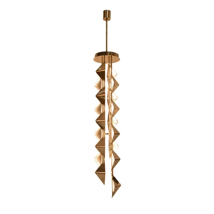 Superior Visionnaire Sputnik chandelier with tubular steel and cold-deformed rhomboidal diffusers in glossy gold tone