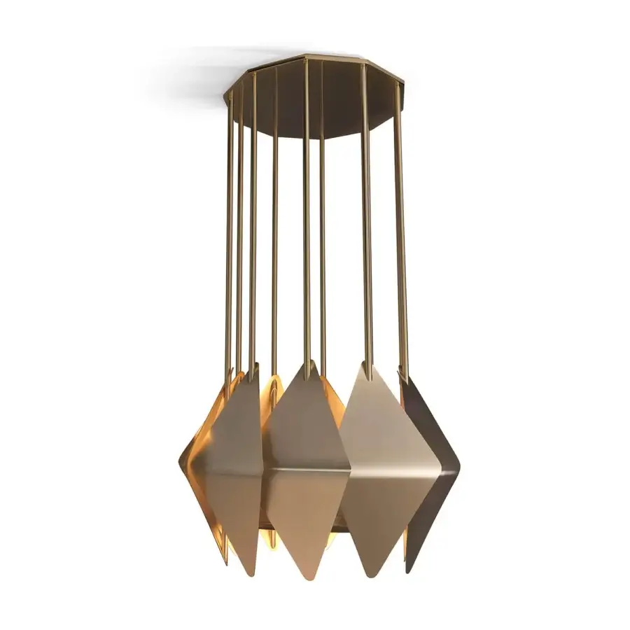 Exclusive Visionnaire Sputnik chandelier with ten tubular steel rods and faceted artisanal cast glass shades in satin gold finish