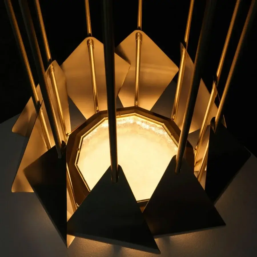 Distinguished Visionnaire Sputnik chandelier with ten tubular steel rods and rhomboidal shades crafted in satin brass
