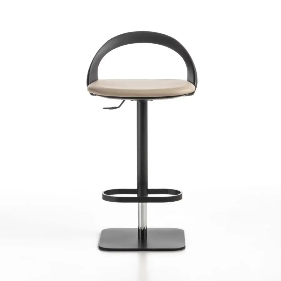Distinguished Porada Ester stool built with wood and light beige textile upholstery with a dark matte finish