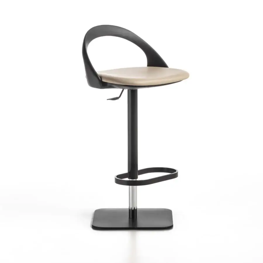 Elegant Porada Ester stool crafted with dark-toned wood and light beige upholstery with a satin finish