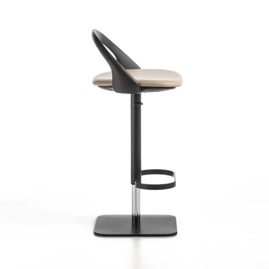 Superior Porada Ester stool with natural wood and light beige textile upholstery, finished with matte black metal and polished chrome accents