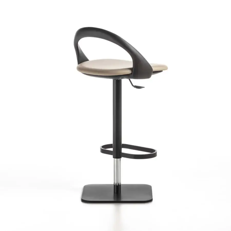 Captivating Porada Ester stool with curved silhouette, natural wood and matte black metal frame with light beige textile upholstery