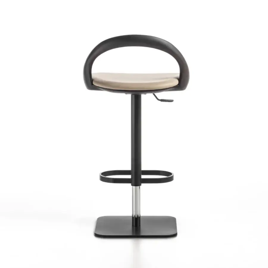 Distinguished Porada Ester stool crafted with curved wood, light beige textile upholstery and dark matte finish