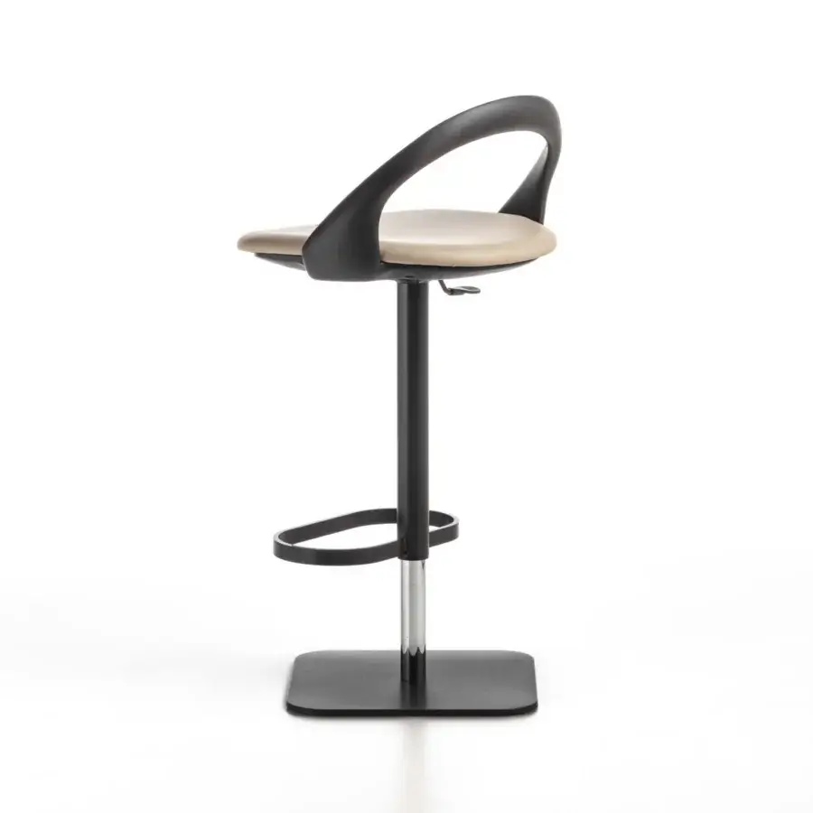 Exclusive Porada Ester stool built with wood, light beige textile upholstery and polished metal lift mechanism