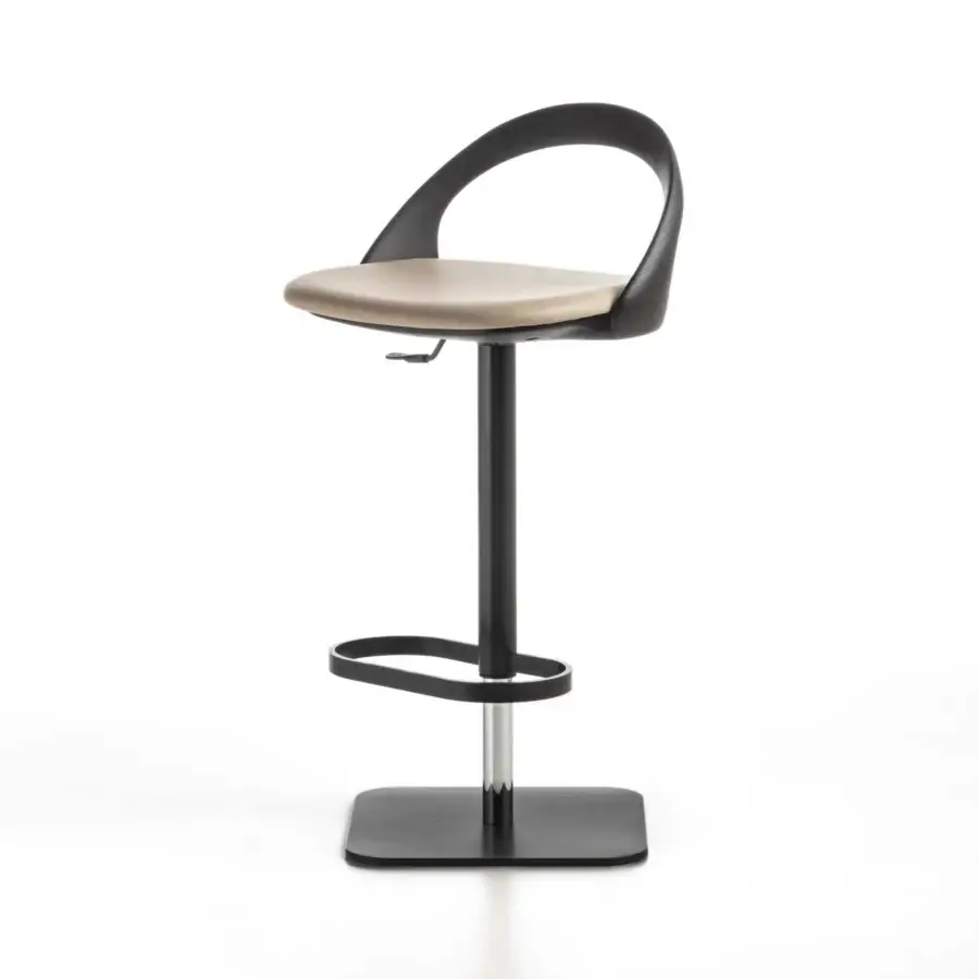 Superior Porada Ester stool crafted with curved wood, light beige textile upholstery and dark metal frame