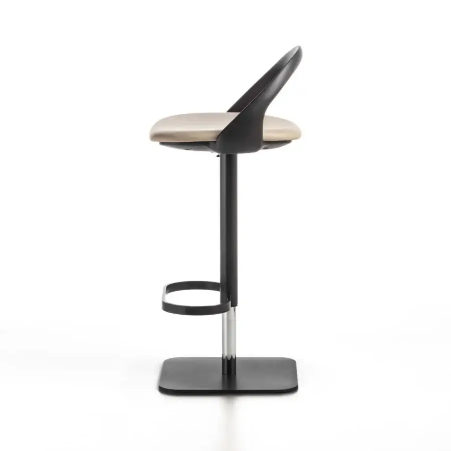 Elegant Porada Ester stool with curved wood, neutral beige textile upholstery and dark finish
