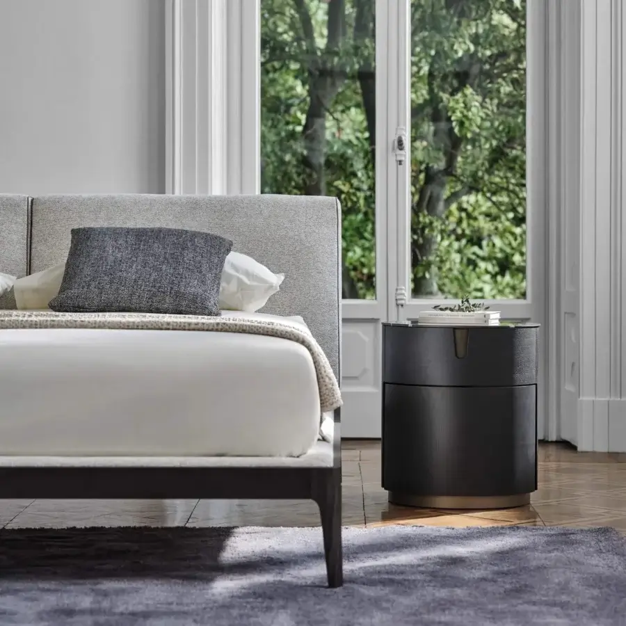 Exceptional Porada Tylsa Night nightstand in curved wengé ash wood with Bronzoro metal and Titanio interior finish