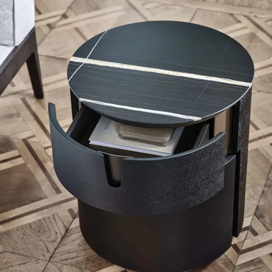 Exceptional Porada Tylsa Night nightstand in curved wengé ash wood with gray and white veined marble and Bronzoro metal handles
