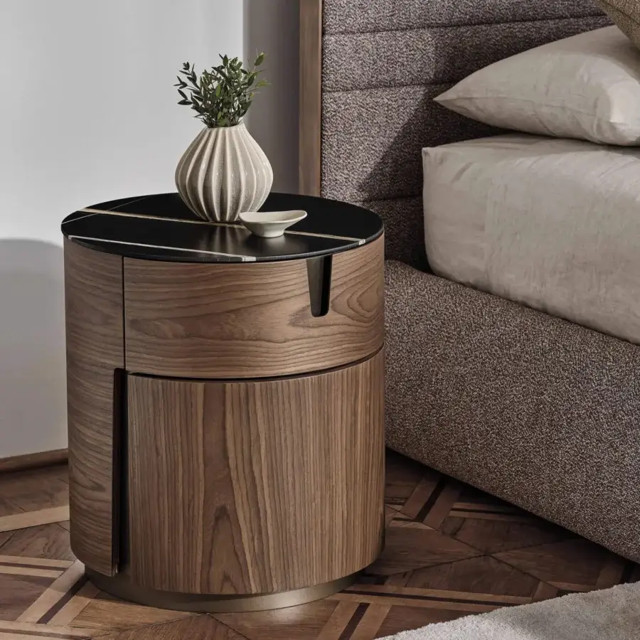 Elegant Porada Tylsa Night nightstand in curved wengé ash wood with dark marble and Bronzoro-finished metal base