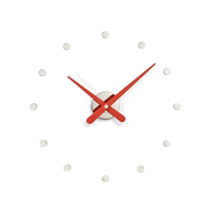 Distinguished Nomon Rodón Mini L wall clock with a clean white face and lacquered walnut hands presenting a subtle artistic presence