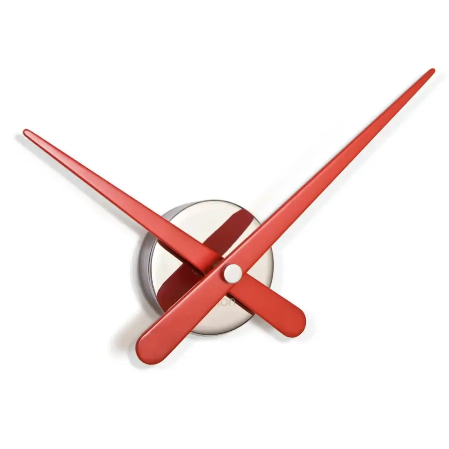Distinguished Nomon Rodón Mini L wall clock with a polished metallic disc and striking red lacquered walnut hands