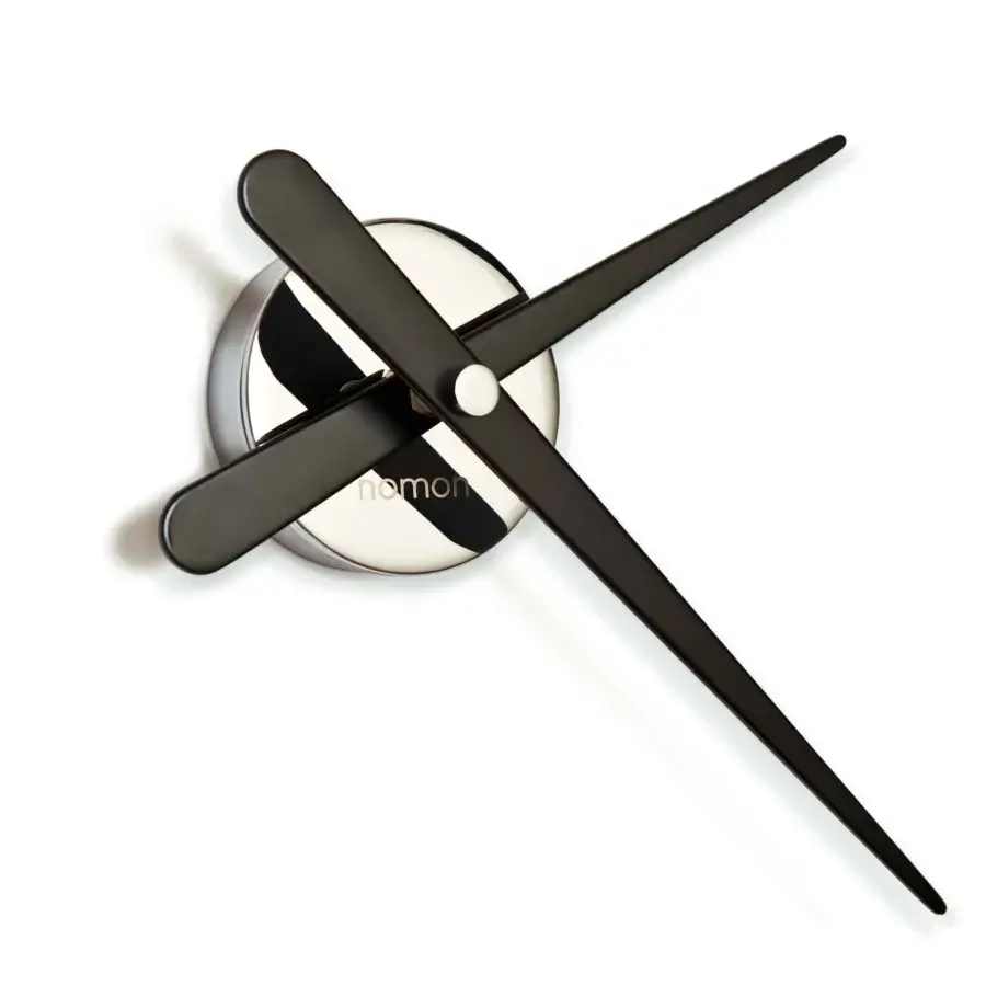 Exceptional Nomon Rodón Mini L wall clock crafted with a polished metallic face and striking lacquered walnut hands