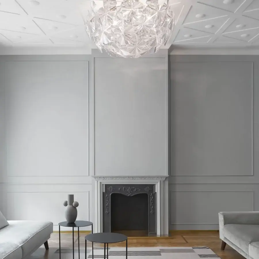 Superior Luceplan Hope ceiling lamp crafted in transparent polycarbonate with a polished stainless-steel frame