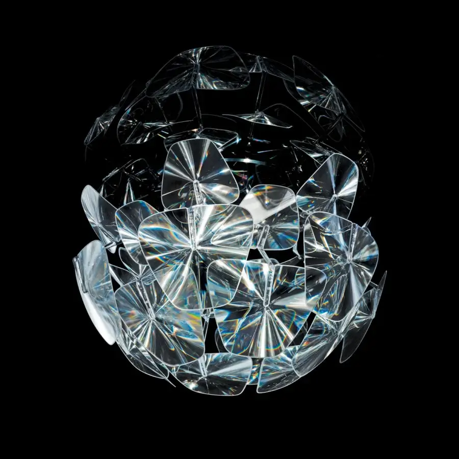 Captivating Luceplan Hope ceiling lamp crafted in transparent polycarbonate and polished stainless steel with iridescent tones