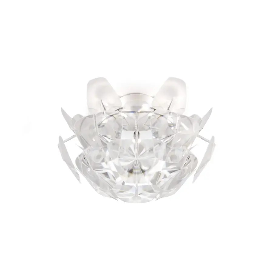 Exclusive Luceplan Hope ceiling lamp crafted in transparent polycarbonate and polished stainless steel with a radiant dioptric effect
