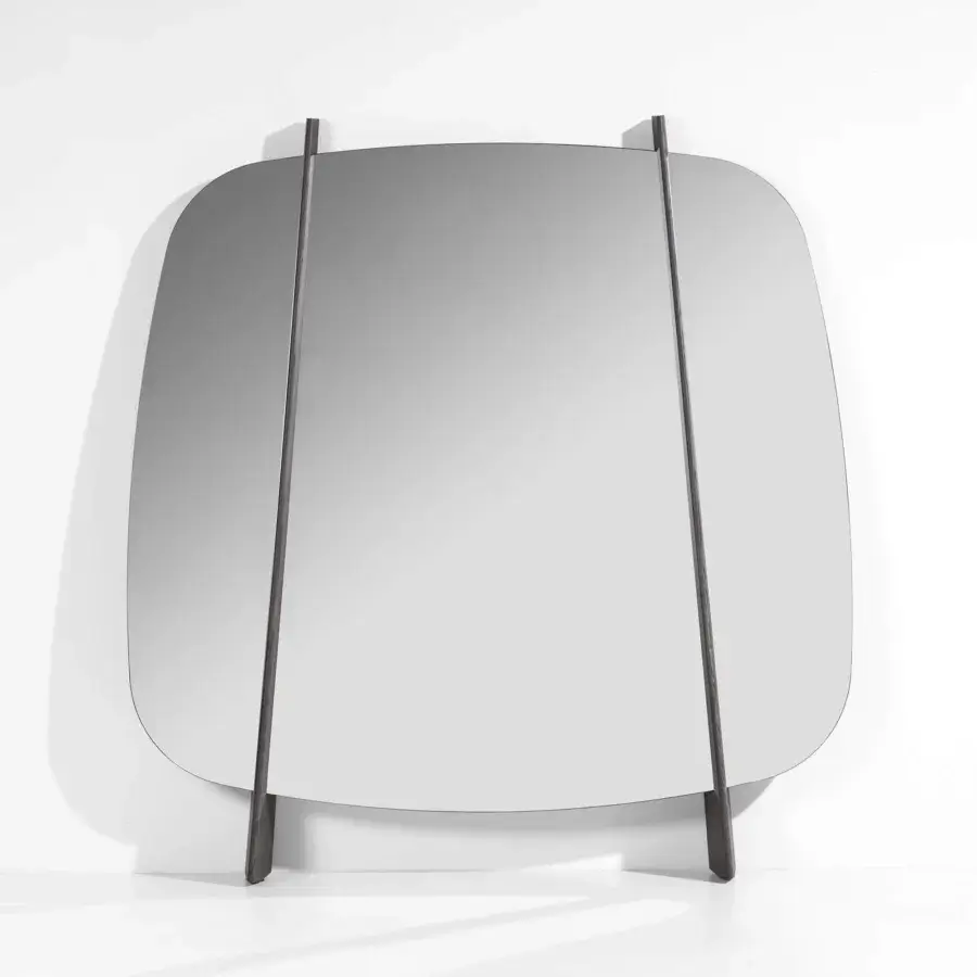 Superior Porada Gong mirror crafted in shaped ash wood with a grey-brown tone and converging lines