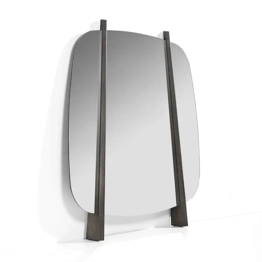 Elegant Porada Gong mirror crafted in shaped ash wood with a dark matte finish and a trapezoidal form