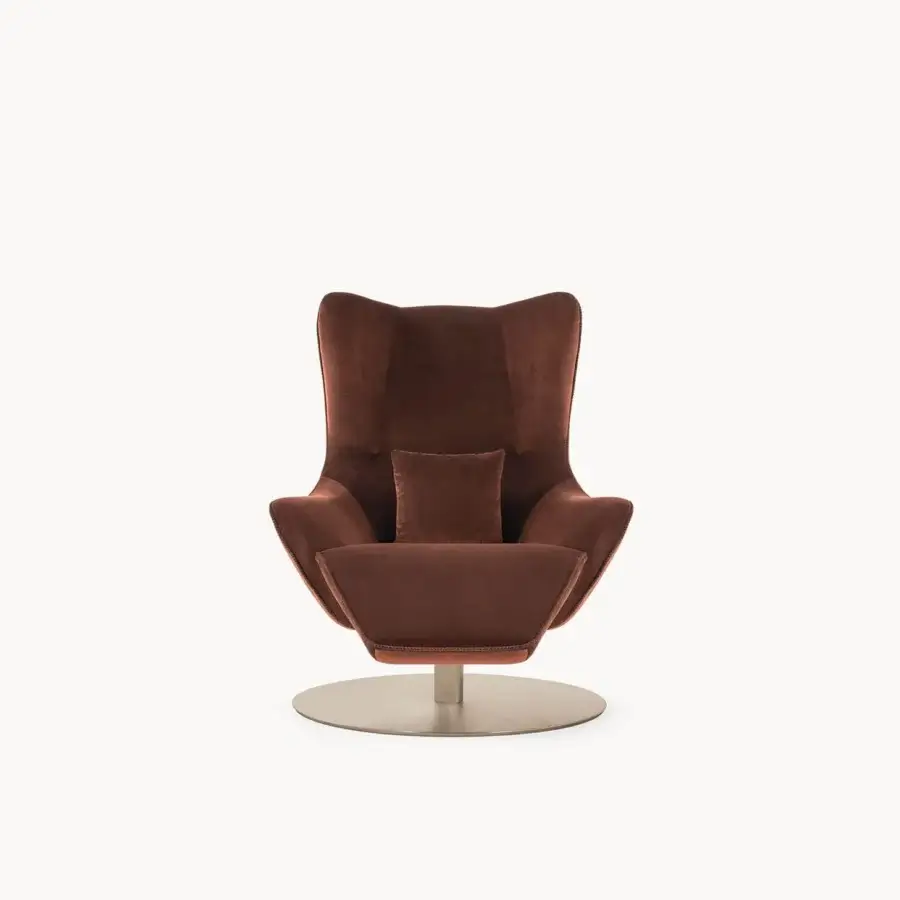 Sumptuous Visionnaire Selfless lounge chair with warm brown velvet upholstery and polished satin steel base