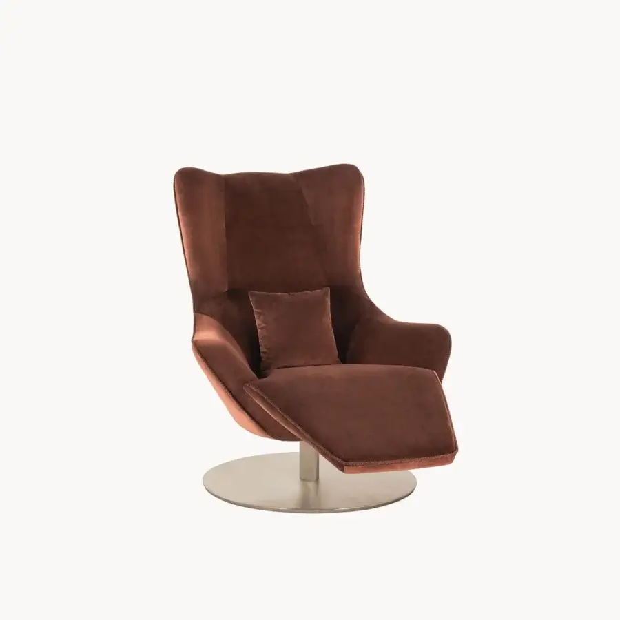 Exceptional Visionnaire Selfless lounge chair with reddish-brown textile upholstery and satin-finish steel swivel base