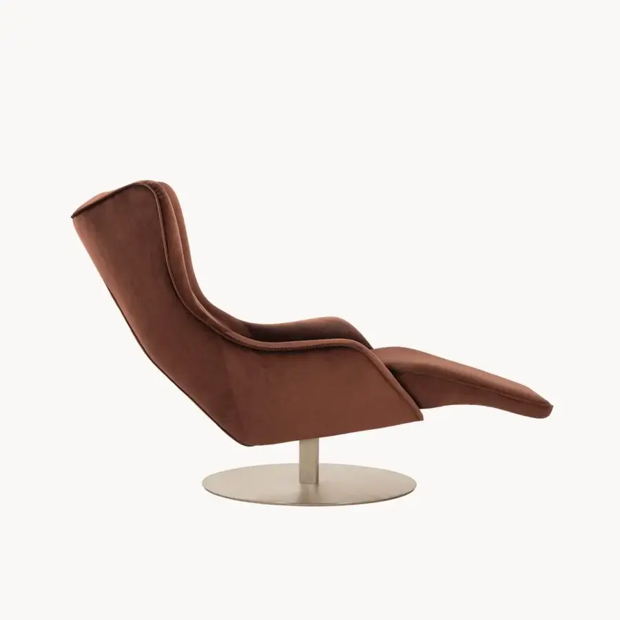 Elegant Visionnaire Selfless lounge chair with reddish-brown textile upholstery and brushed silver steel base