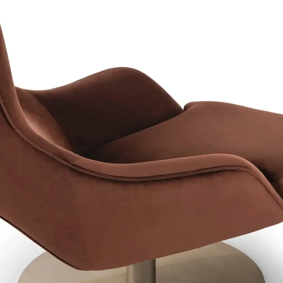 Superior Visionnaire Selfless lounge chair with reddish-brown textile upholstery and brushed metal swivel base