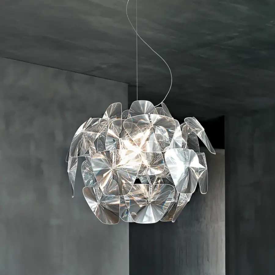 Exceptional Luceplan Hope suspension lamp with thin methacrylate Fresnel lenses and a bright silver finish