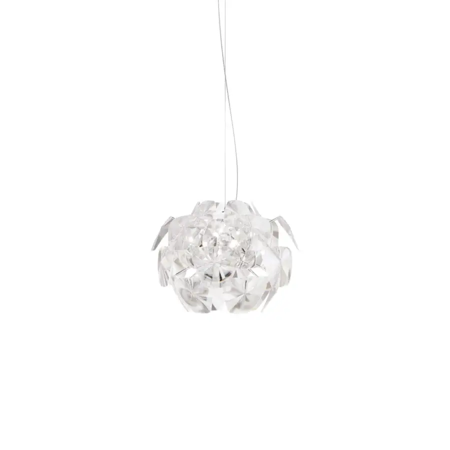 Distinguished Luceplan Hope suspension lamp with a floral-inspired silhouette crafted in clear methacrylate with a glossy finish