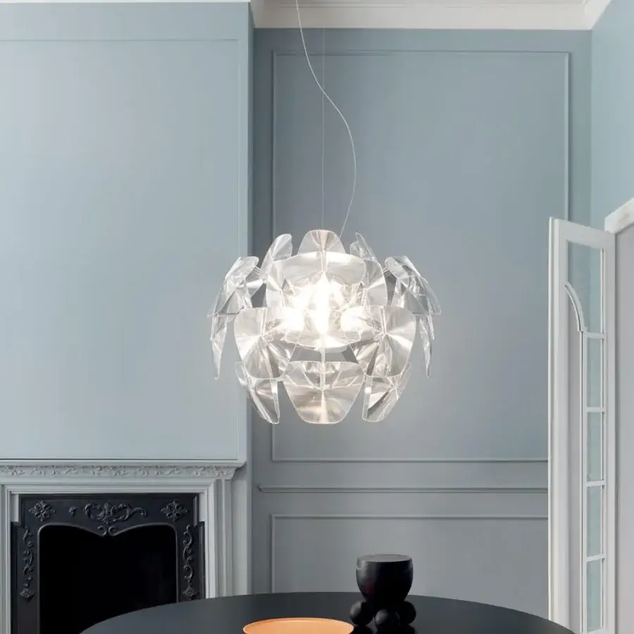 Captivating Luceplan Hope suspension lamp with a floral-inspired design built in clear methacrylate and glossy finish