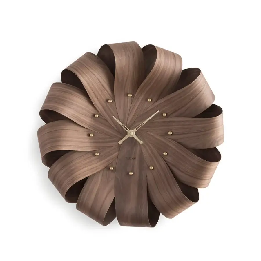 Distinguished Nomon Brisa Wall Clock crafted in natural oak with a radial pattern and gold-toned metallic hands