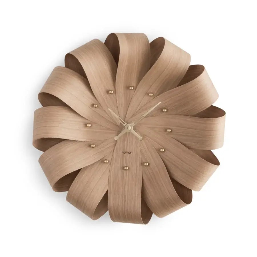 Elegant Nomon Brisa Wall Clock crafted in natural oak with a smooth satin finish and subtle metal hour markers