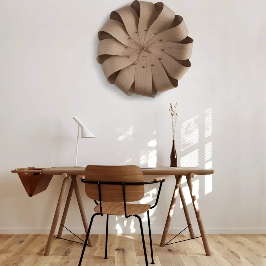 Exceptional Nomon Brisa Wall Clock crafted in natural oak with a matte finish and radiating fan-like silhouette