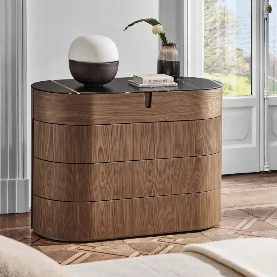 Refined Porada Tylsa Night dresser crafted with wengé ash wood and a Bronzoro metal base featuring a Titanio interior