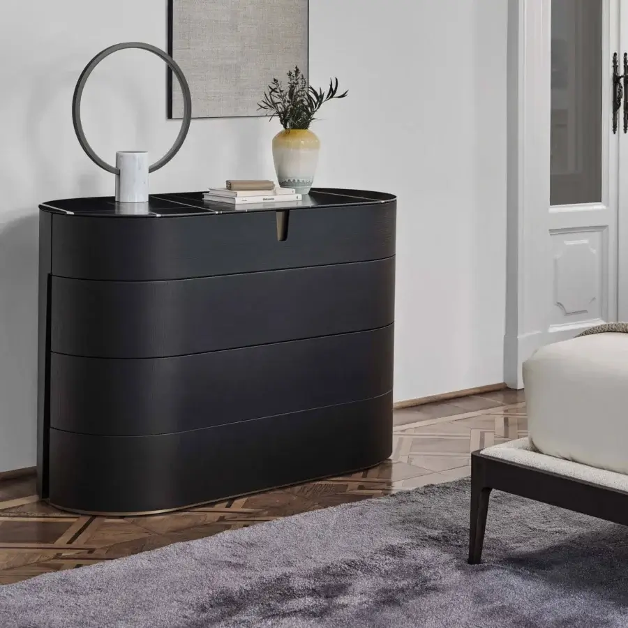 Superior Porada Tylsa Night dresser crafted with wengé ash wood and a charcoal gray finish with Bronzoro metal base