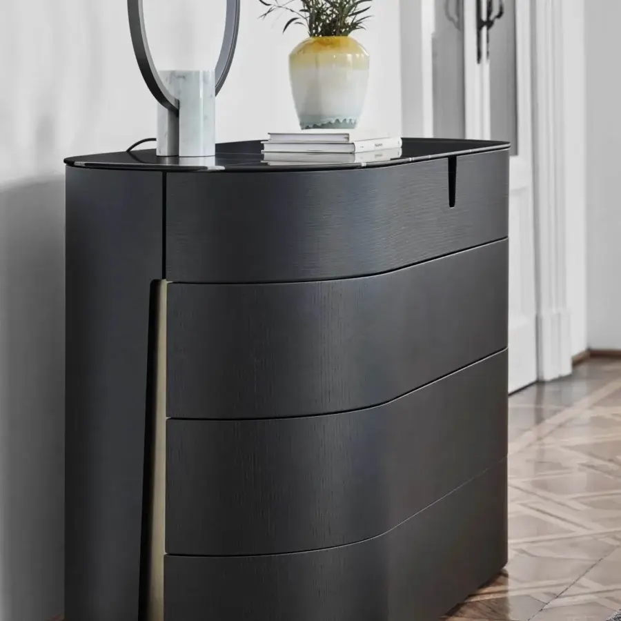 Distinguished Porada Tylsa Night dresser crafted with wengé ash wood and a marble top with Bronzoro metal base
