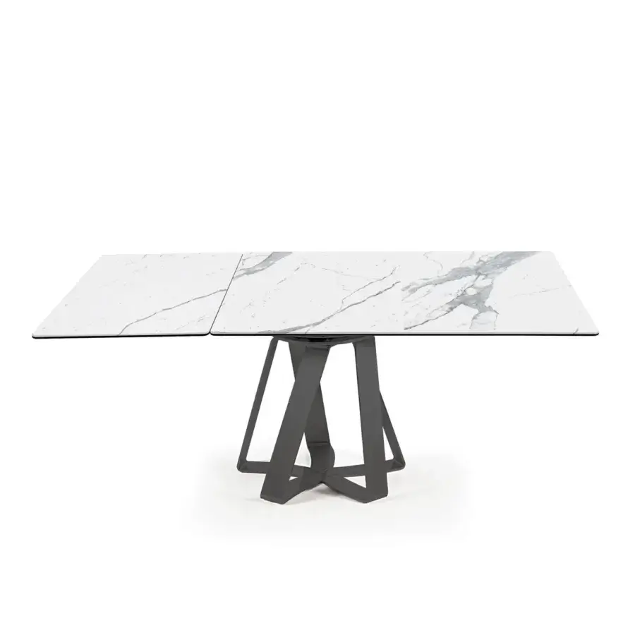 Elegant Naos turning table with white and grey marble veining in ceramic and a dark lacquered steel base