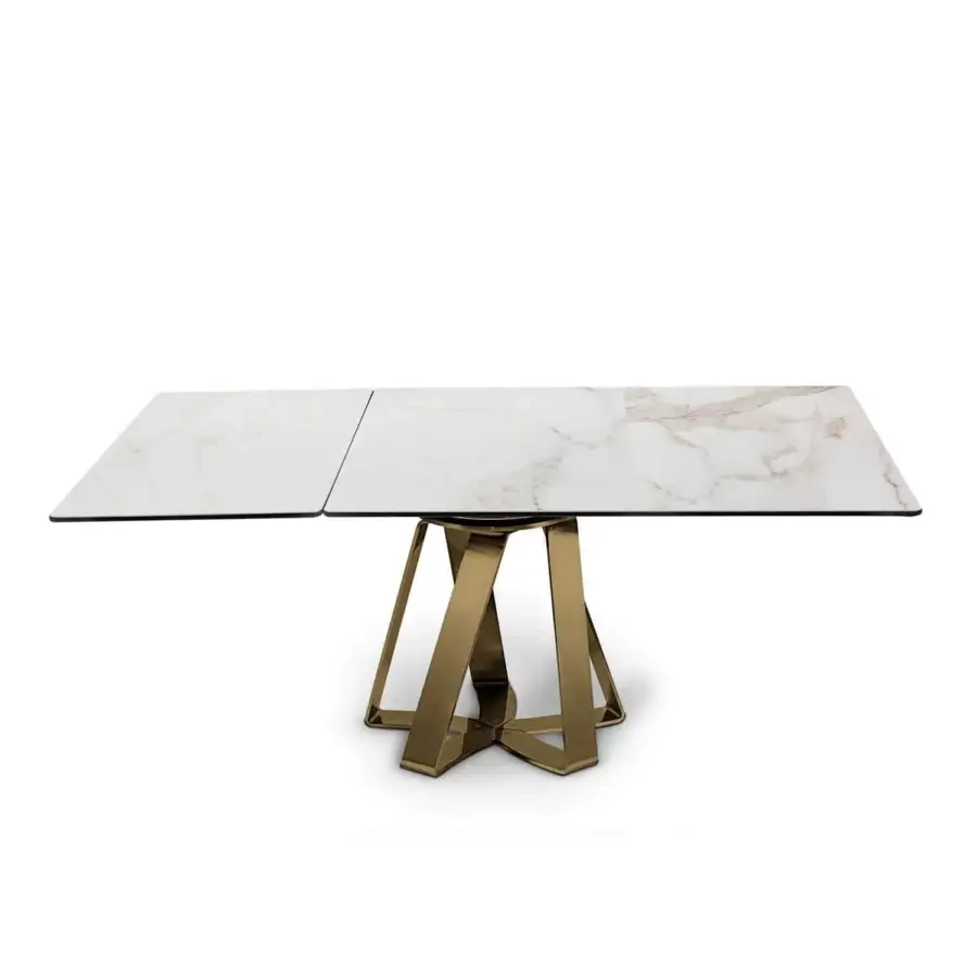 Superior Naos turning table with white marble-veined ceramic and a golden satin steel base