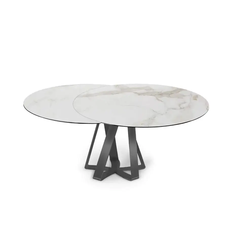 Exceptional Naos turning table with white and beige marbleized ceramic tabletop and lacquered dark gray steel base
