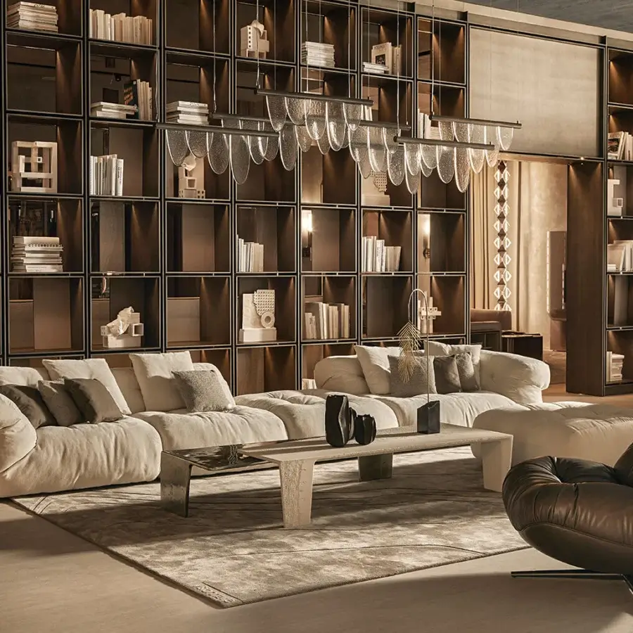 Exceptional Visionnaire Aura lounge chair with sculpted wooden shell upholstered in warm medium-brown textile and satin metal swivel base