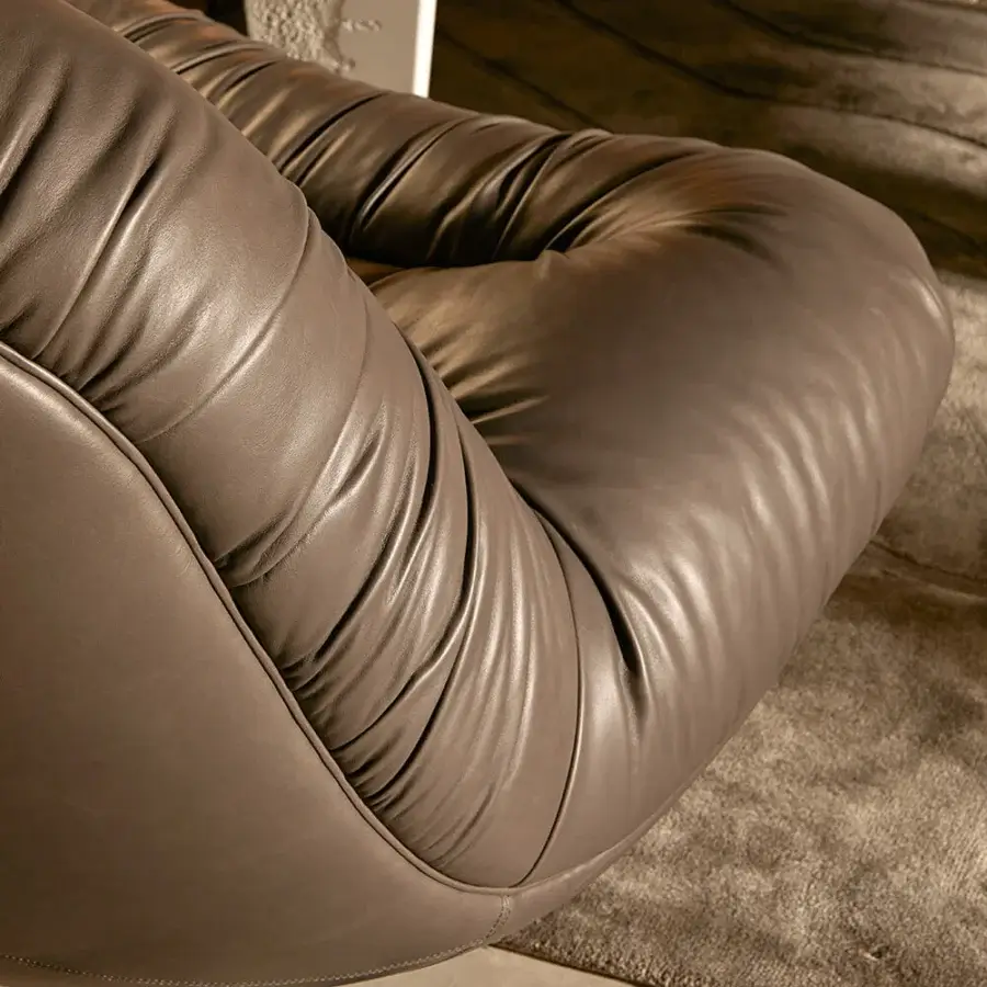 Superior Visionnaire Aura lounge chair with sculpted wooden shell upholstered in supple matte leather and satin metal finish